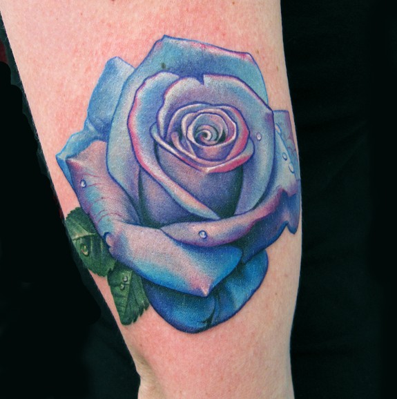 Blue purple pink rose tattoo